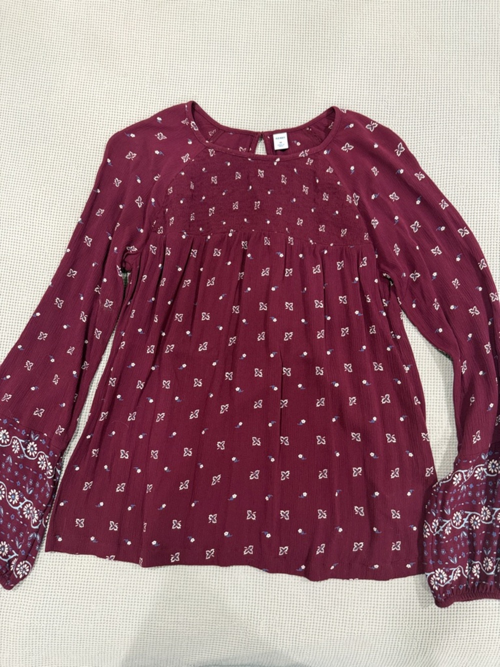 Old Navy Burgundy Printed Smocked Long-Sleeve Tunic
